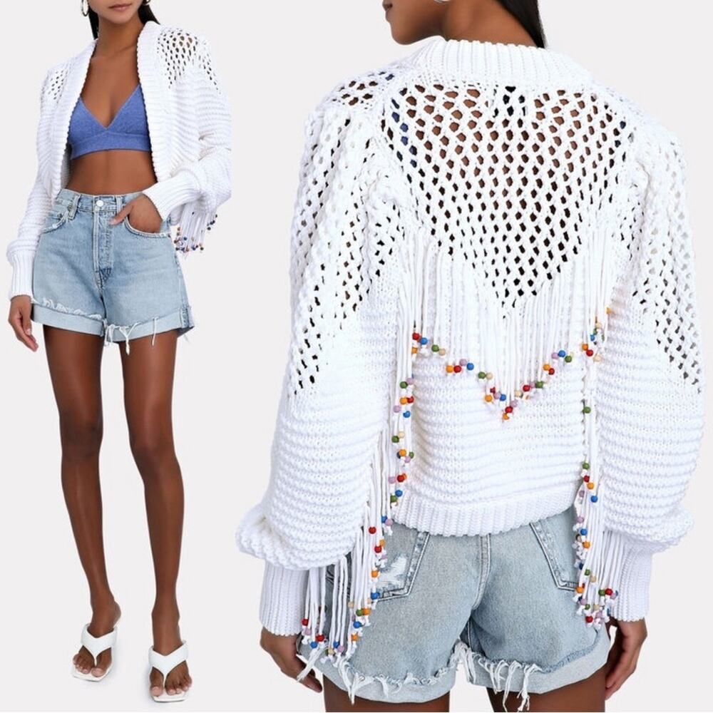 Hayley Menzies Fiesta Forever Fringe Knit Cardigan Sweater Size Small White